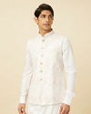 alt message - Manyavar Men Pristine White Chevron Patterned Jacket Set image number 0